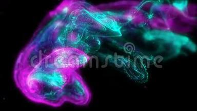 抽象的霓虹灯像墨水一样溅在水里。 动态颗粒粉末在湍流中流动。 五彩液体盘旋的波浪